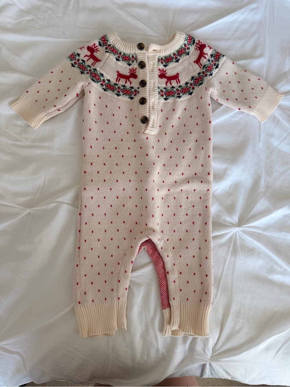 Hanna Andersson Cream and Red Knit Reindeer Baby One-Piece